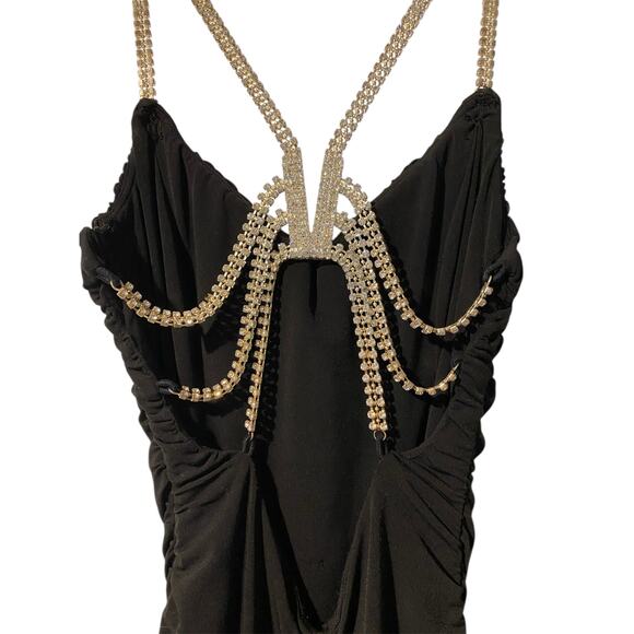 Cache Bodycon Ruched Mini Dress US 2 Black Open Back Rhinestone Party Black Tie - Picture 5 of 11